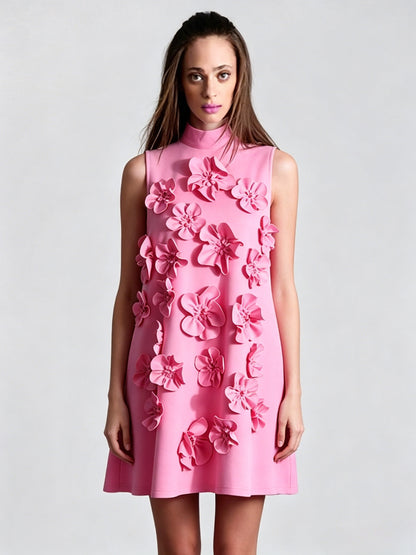Party Dress Dresses Mini Pink Stand Collar Flowers Sleeveless Casual Semi Formal Dress
