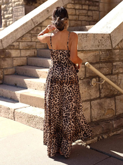 Leopard Maxi Sundress For Women - Animal Print Sexy Spaghetti Strap Flare Long Dress - Summer Beach Vacation 2026