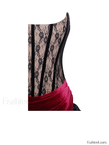 Gaia Burgundy Lace Velvet Graceful Corset Side Slit Dress