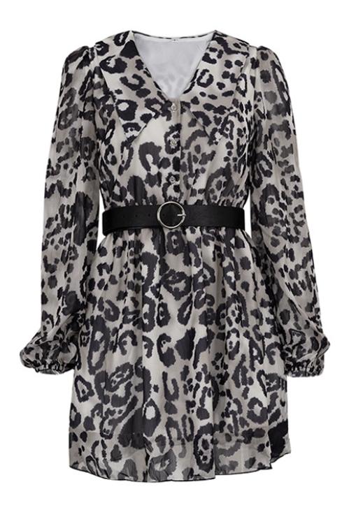 Spotted Print Pointed Collar Puff Sleeve Belted Chiffon Mini Dress