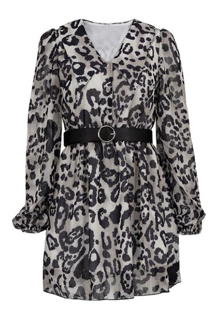 Spotted Print Pointed Collar Puff Sleeve Belted Chiffon Mini Dress