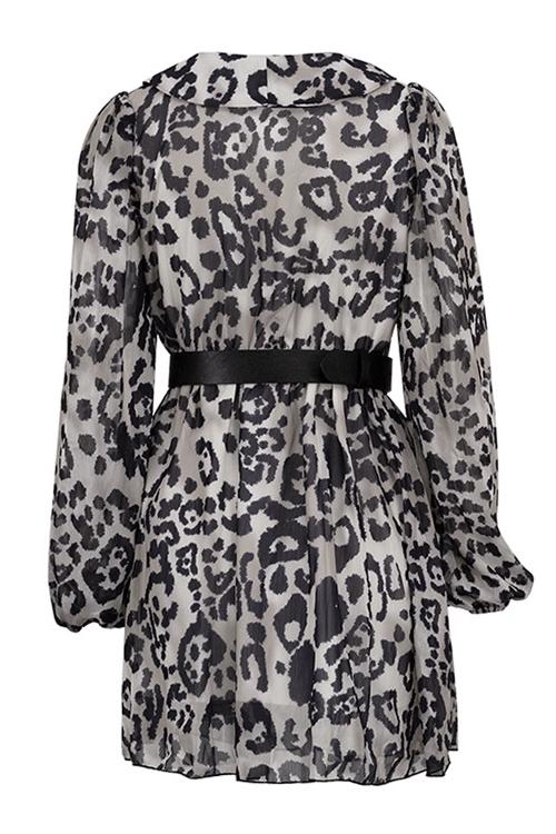 Spotted Print Pointed Collar Puff Sleeve Belted Chiffon Mini Dress