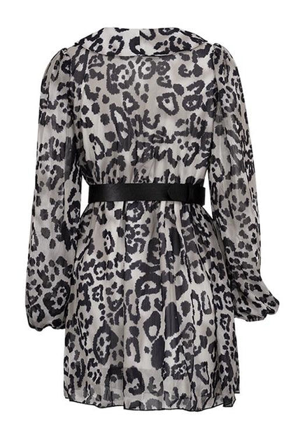Spotted Print Pointed Collar Puff Sleeve Belted Chiffon Mini Dress