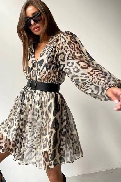 Spotted Print Pointed Collar Puff Sleeve Belted Chiffon Mini Dress