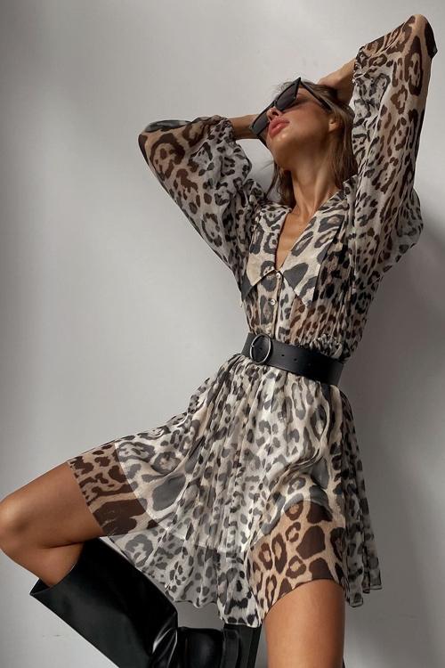 Spotted Print Pointed Collar Puff Sleeve Belted Chiffon Mini Dress