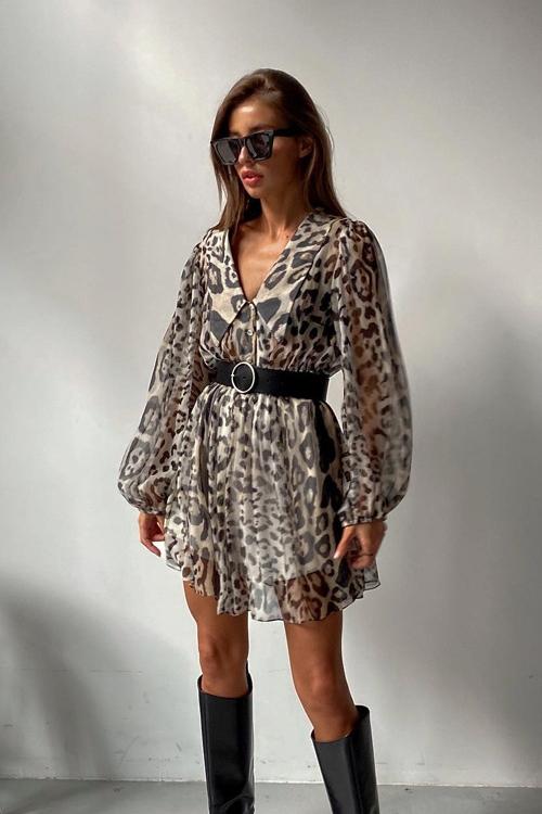 Spotted Print Pointed Collar Puff Sleeve Belted Chiffon Mini Dress