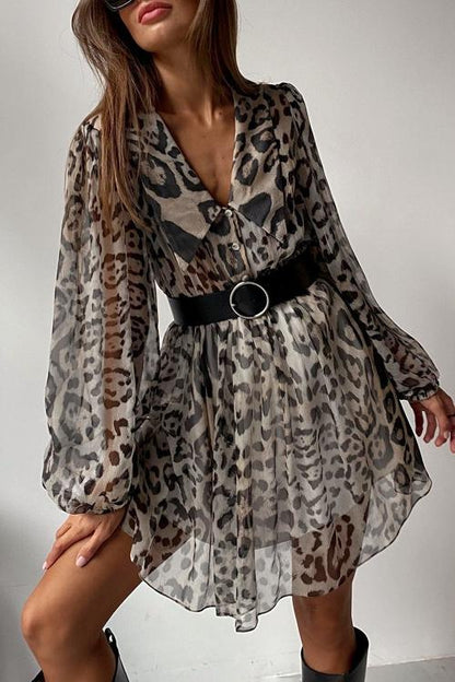 Spotted Print Pointed Collar Puff Sleeve Belted Chiffon Mini Dress