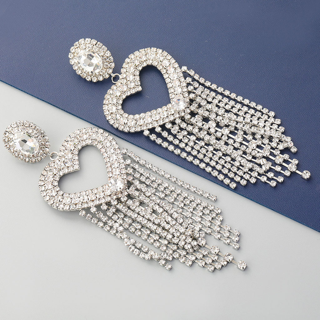 Crystal Heart Tassel Earrings with Gem Detail - Silver