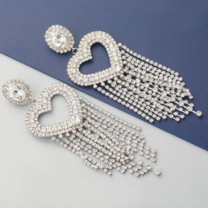 Crystal Heart Tassel Earrings with Gem Detail - Silver