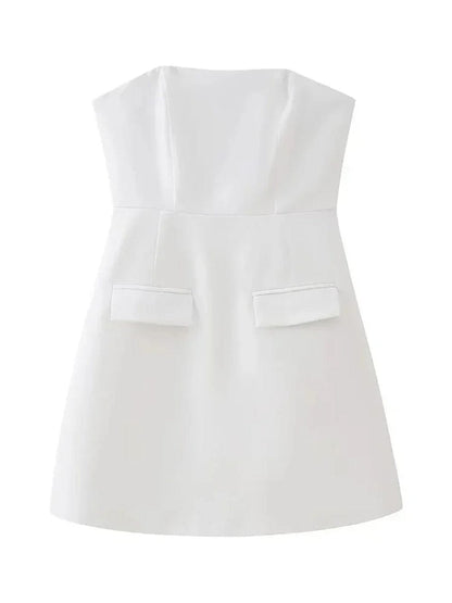Strapless Princess Seam Pocket Flap Structured A-Line Mini Dress
