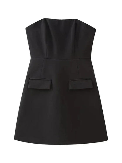 Strapless Princess Seam Pocket Flap Structured A-Line Mini Dress