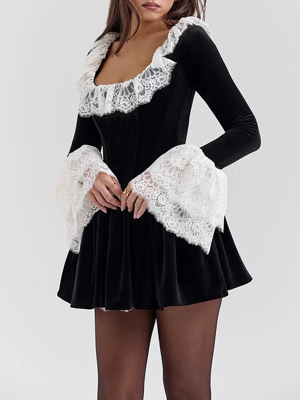 Velvet Square Neck Ruffle Collar Lace Bell Cuff Fit and Flare Mini Dress
