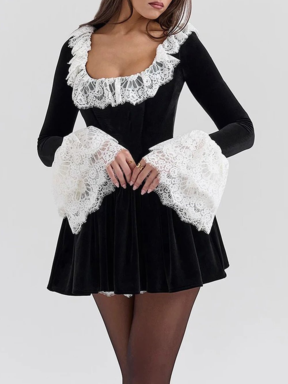 Velvet Square Neck Ruffle Collar Lace Bell Cuff Fit and Flare Mini Dress