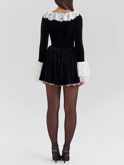 Velvet Square Neck Ruffle Collar Lace Bell Cuff Fit and Flare Mini Dress