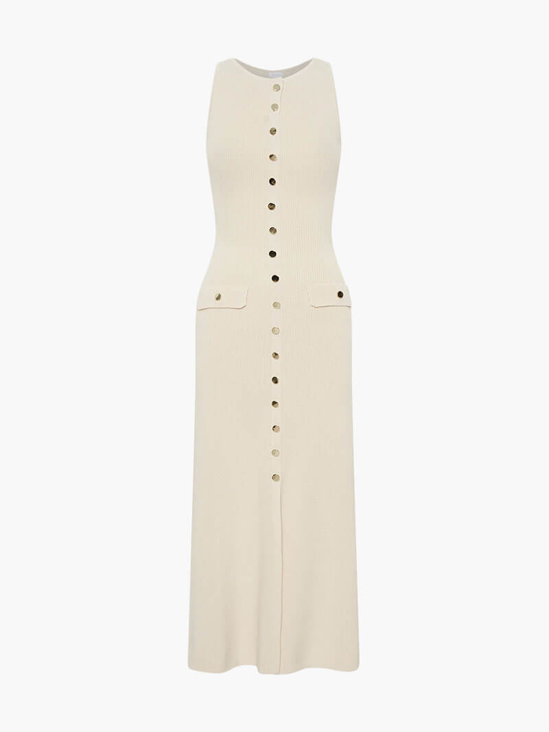 Round Neck Rib Knit Button Front Flap Pocket Sleeveless Maxi Dress