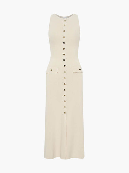 Round Neck Rib Knit Button Front Flap Pocket Sleeveless Maxi Dress