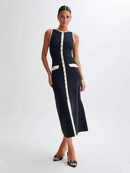Round Neck Rib Knit Button Front Flap Pocket Sleeveless Maxi Dress