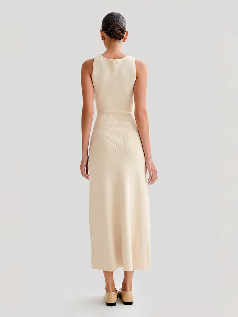 Round Neck Rib Knit Button Front Flap Pocket Sleeveless Maxi Dress