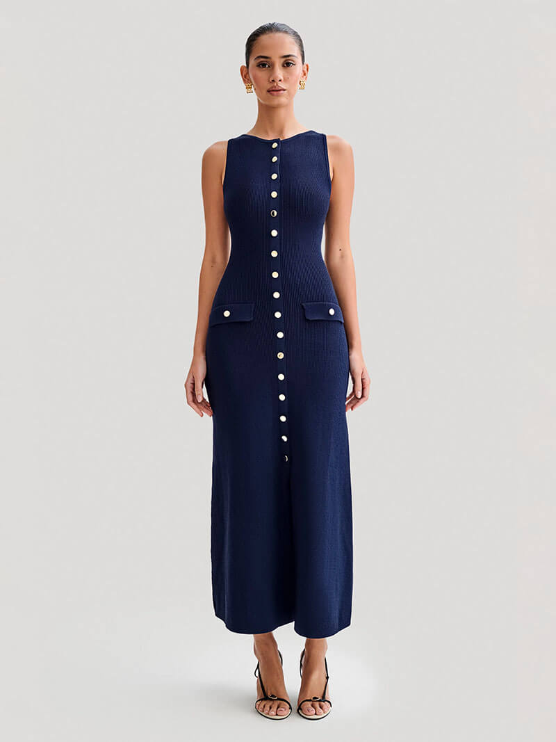 Round Neck Rib Knit Button Front Flap Pocket Sleeveless Maxi Dress