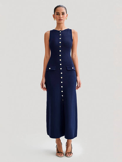 Round Neck Rib Knit Button Front Flap Pocket Sleeveless Maxi Dress