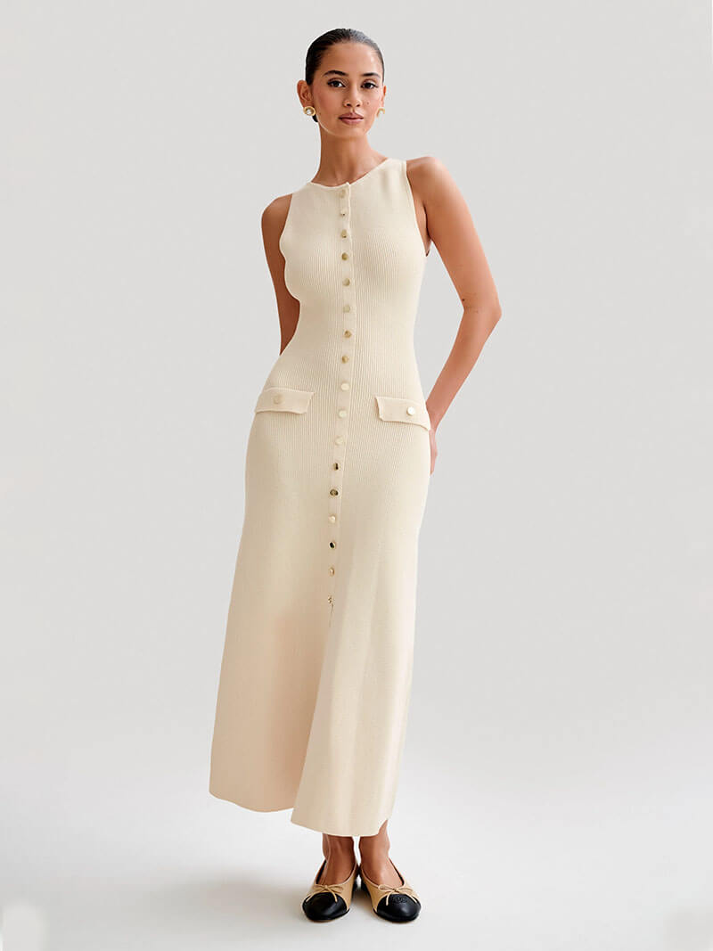 Round Neck Rib Knit Button Front Flap Pocket Sleeveless Maxi Dress