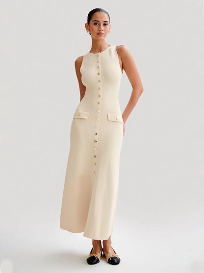 Round Neck Rib Knit Button Front Flap Pocket Sleeveless Maxi Dress