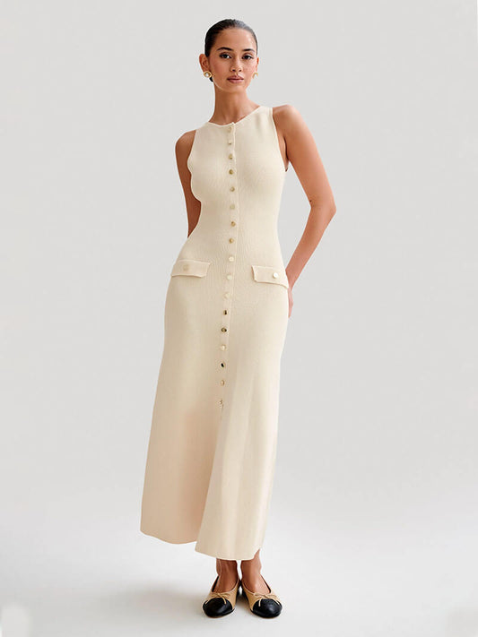 Round Neck Rib Knit Button Front Flap Pocket Sleeveless Maxi Dress