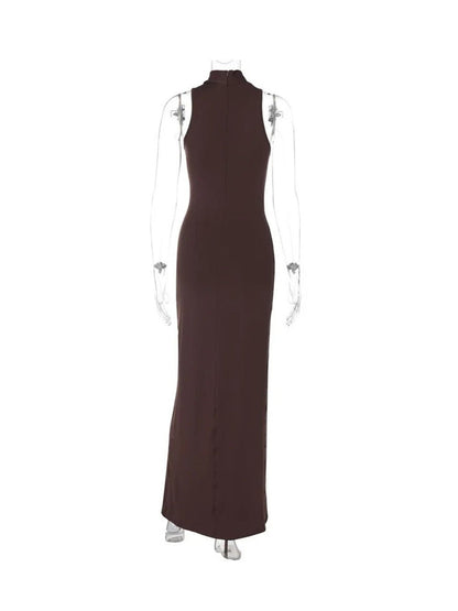 Halter Mock Neck Ruched Side-Drape High-Slit Bodycon Maxi Dress
