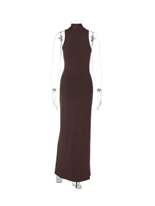 Halter Mock Neck Ruched Side-Drape High-Slit Bodycon Maxi Dress