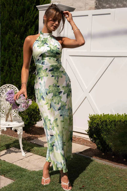 Botanical Print Halter Tie-Back Backless Satin Column Maxi Dress