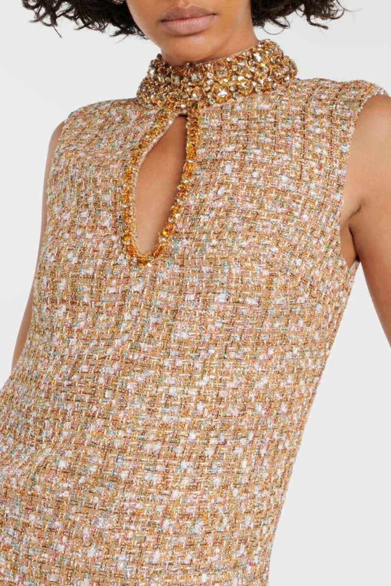 Tweed Mock Neck Crystal Trim Keyhole Sleeveless Shift Mini Dress