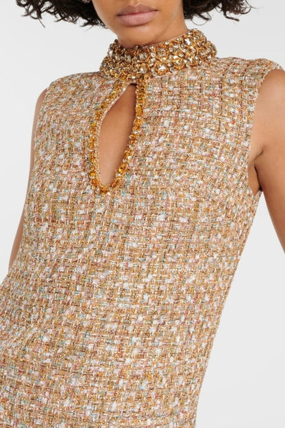 Tweed Mock Neck Crystal Trim Keyhole Sleeveless Shift Mini Dress