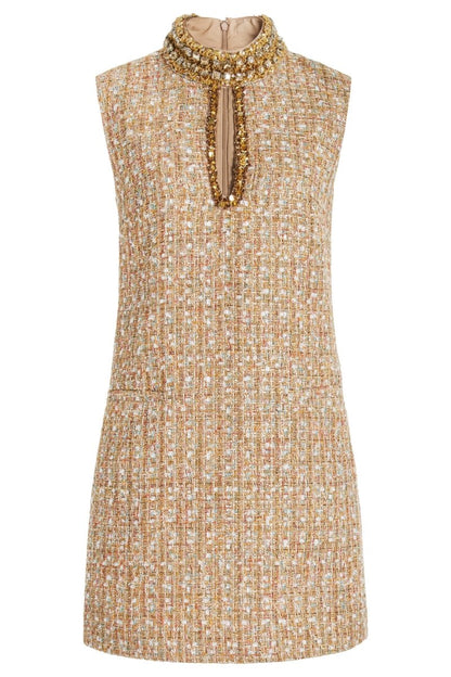 Tweed Mock Neck Crystal Trim Keyhole Sleeveless Shift Mini Dress