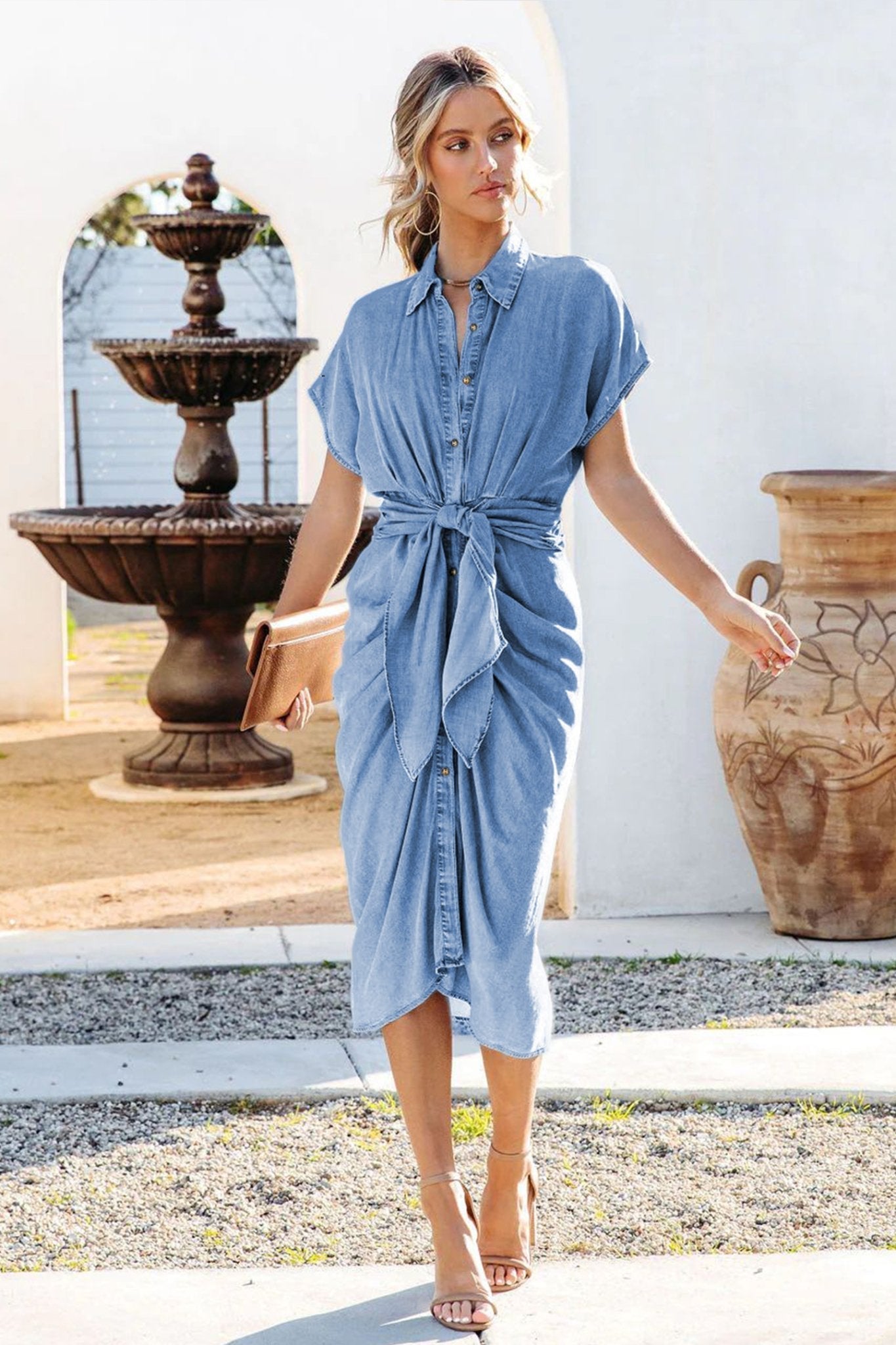 Denim Collared Button Front Tie Knot Waist Front Slit Midi Shirt Dress