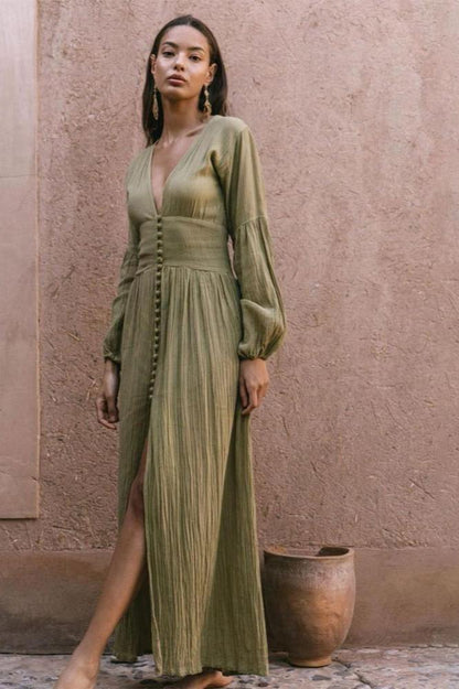 Deep V-Neck Puff Sleeve Button Front Smocked Waist Crinkle Gauze Maxi Dress