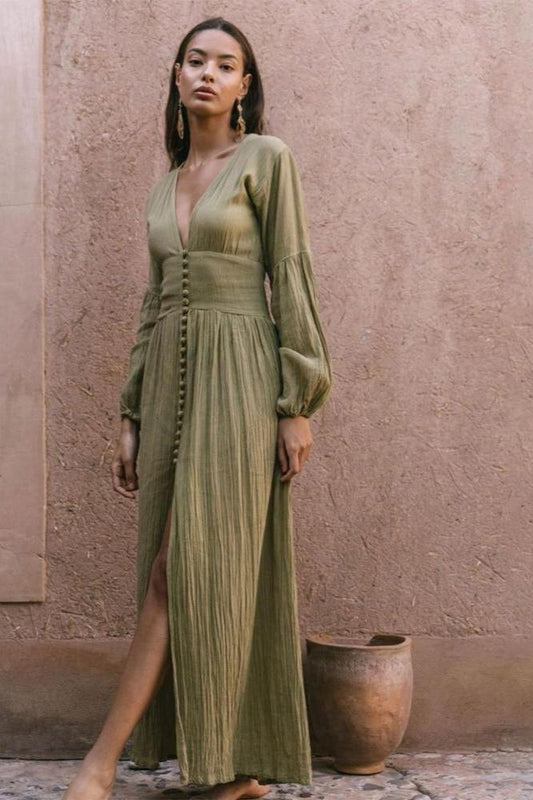 Deep V-Neck Puff Sleeve Button Front Smocked Waist Crinkle Gauze Maxi Dress