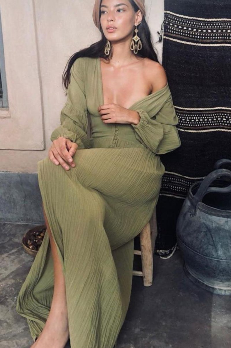 Deep V-Neck Puff Sleeve Button Front Smocked Waist Crinkle Gauze Maxi Dress
