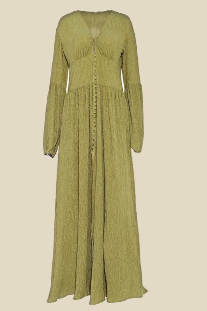 Deep V-Neck Puff Sleeve Button Front Smocked Waist Crinkle Gauze Maxi Dress
