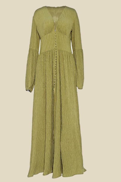 Deep V-Neck Puff Sleeve Button Front Smocked Waist Crinkle Gauze Maxi Dress