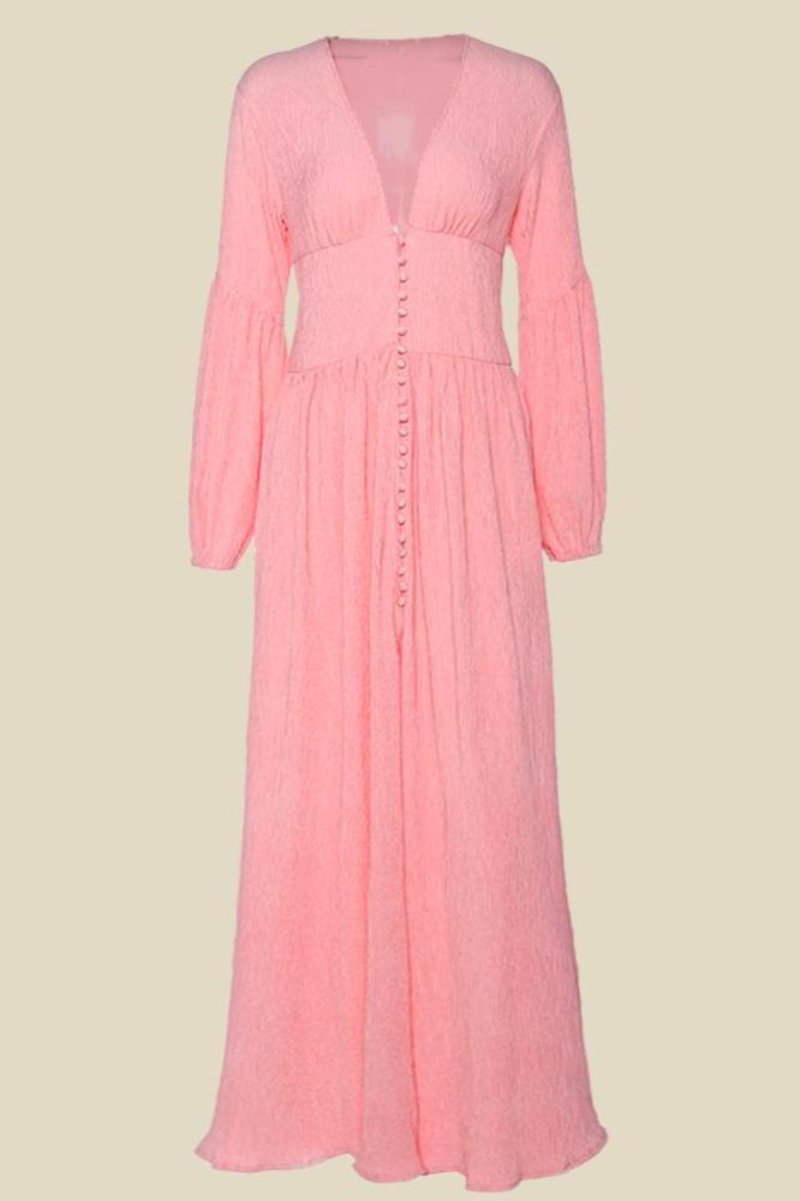 Deep V-Neck Puff Sleeve Button Front Smocked Waist Crinkle Gauze Maxi Dress