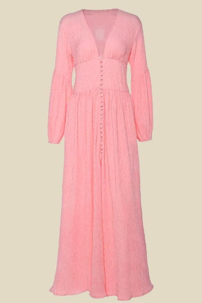 Deep V-Neck Puff Sleeve Button Front Smocked Waist Crinkle Gauze Maxi Dress