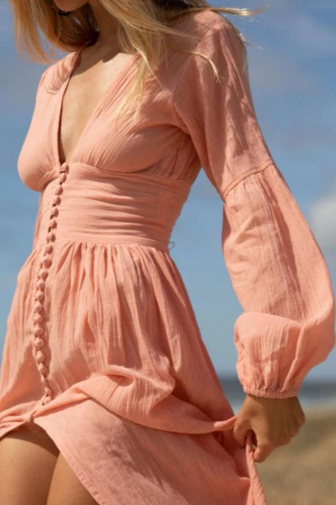 Deep V-Neck Puff Sleeve Button Front Smocked Waist Crinkle Gauze Maxi Dress