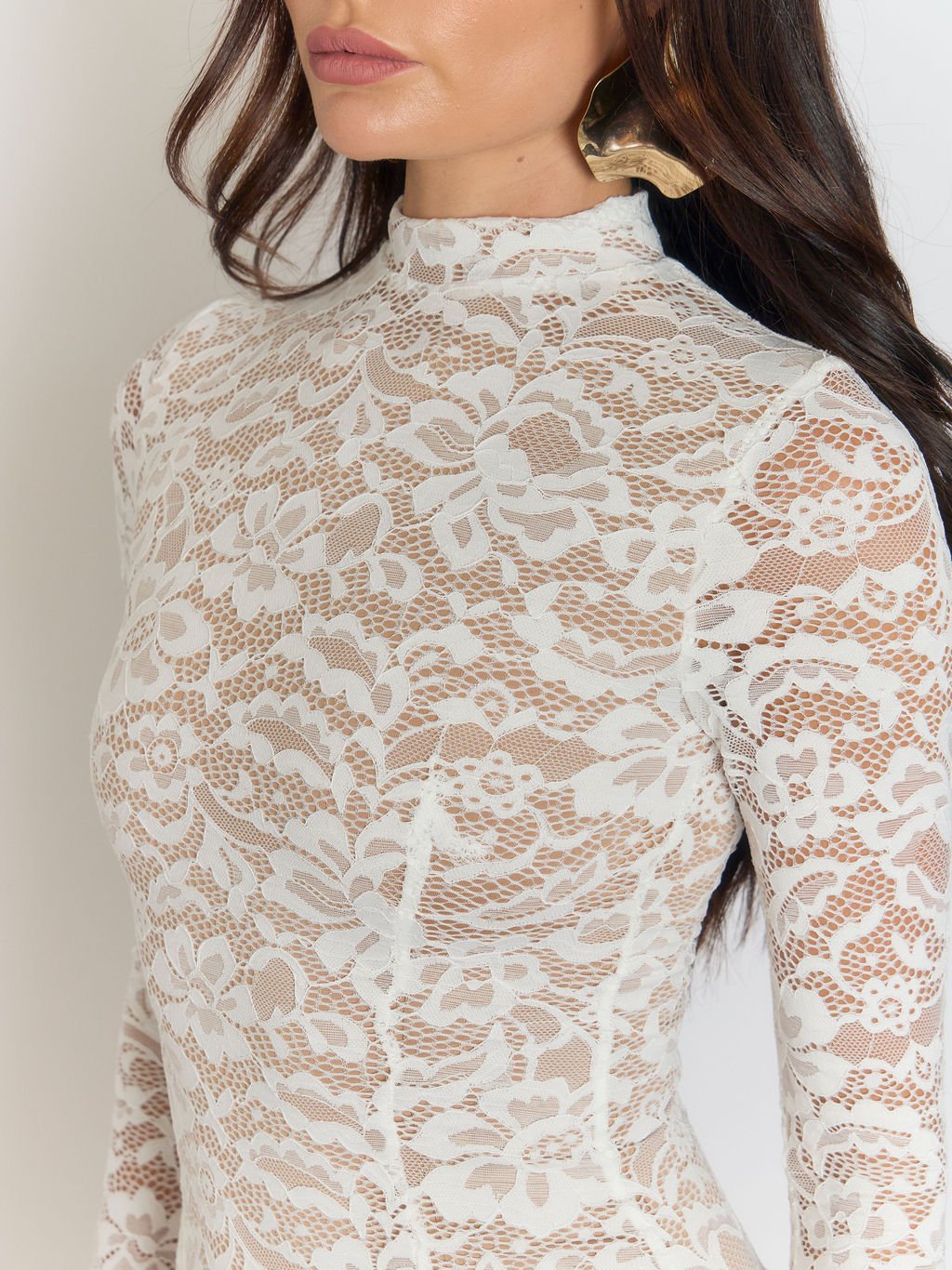 Floral Lace Mock Neck Long Sleeve Trumpet Hem Fitted Midi Dress
