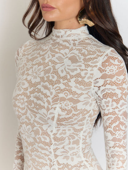 Floral Lace Mock Neck Long Sleeve Trumpet Hem Fitted Midi Dress