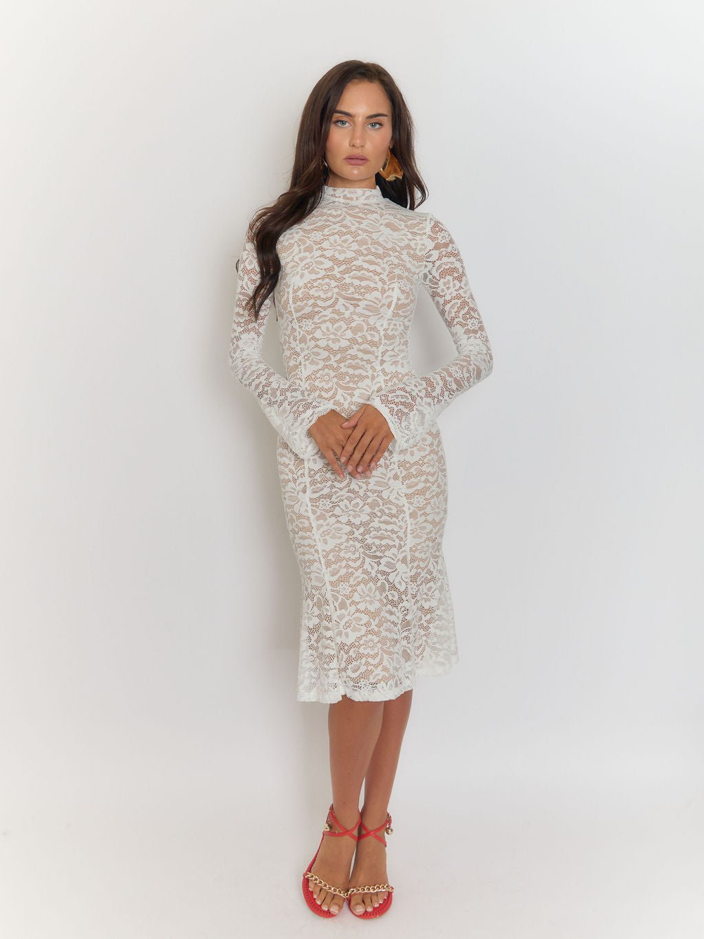 Floral Lace Mock Neck Long Sleeve Trumpet Hem Fitted Midi Dress
