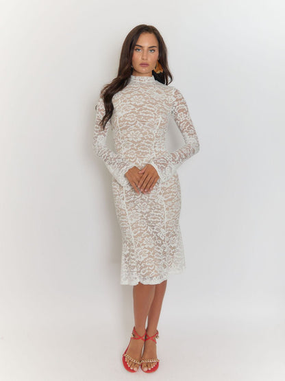 Floral Lace Mock Neck Long Sleeve Trumpet Hem Fitted Midi Dress