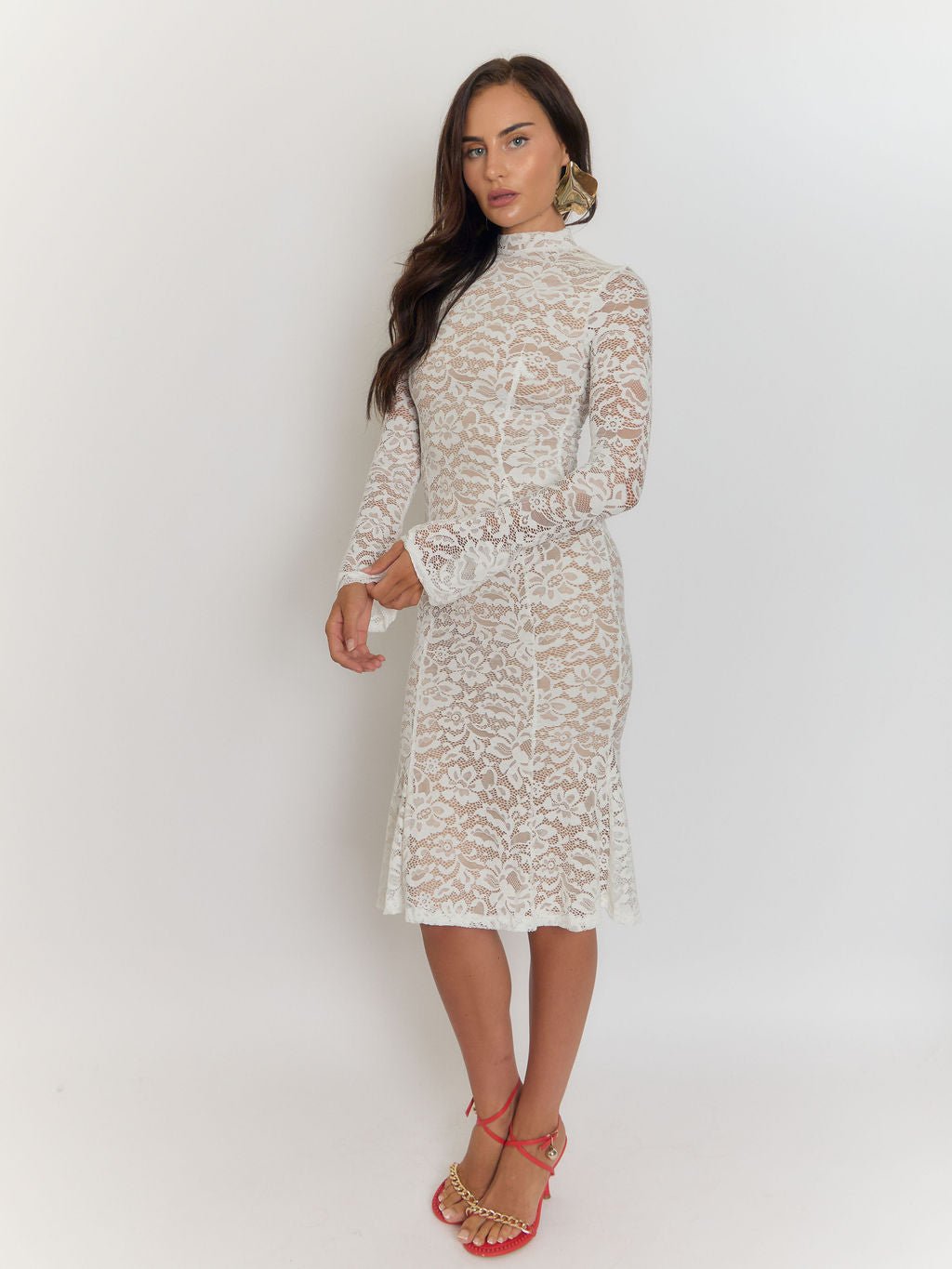 Floral Lace Mock Neck Long Sleeve Trumpet Hem Fitted Midi Dress