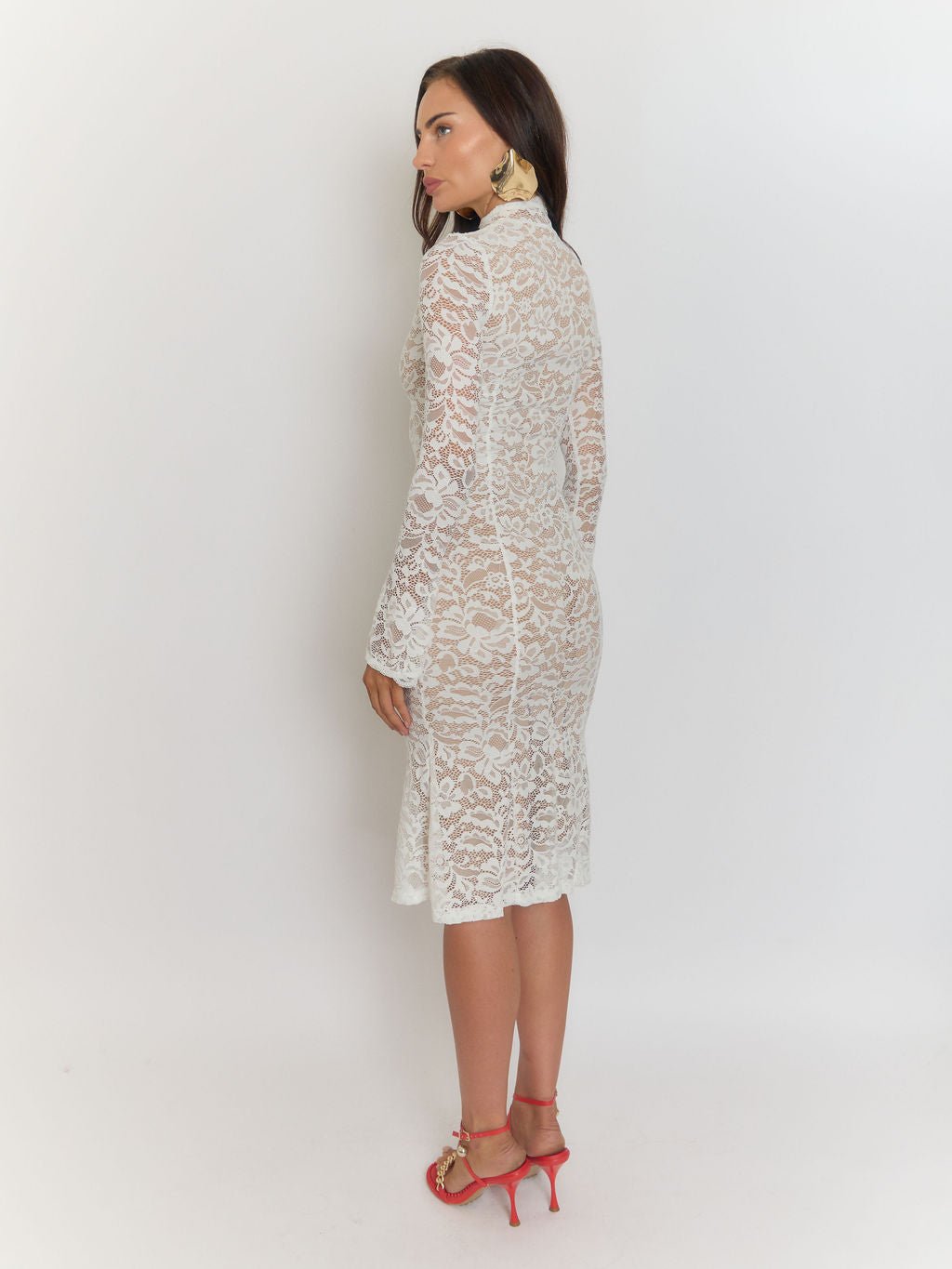Floral Lace Mock Neck Long Sleeve Trumpet Hem Fitted Midi Dress