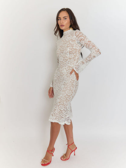 Floral Lace Mock Neck Long Sleeve Trumpet Hem Fitted Midi Dress