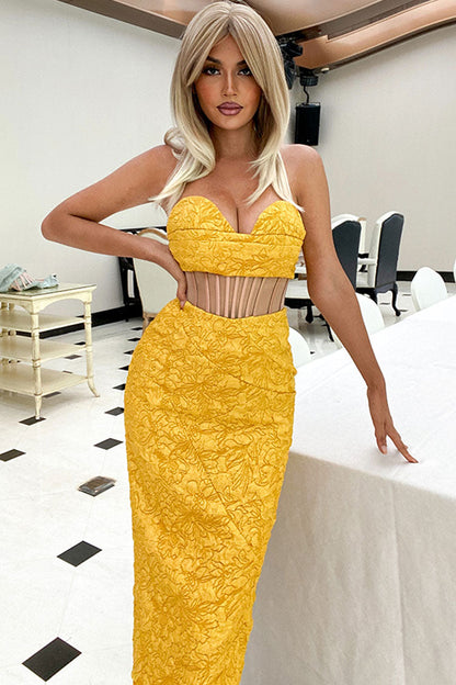 Floral Jacquard Strapless Corset Mesh Panel Midi Two-Piece Set